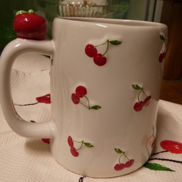Adorable Rae Dunn Cherry on Top mug with Kate Spade Cherries kitchen towel - Picture 5 of 11